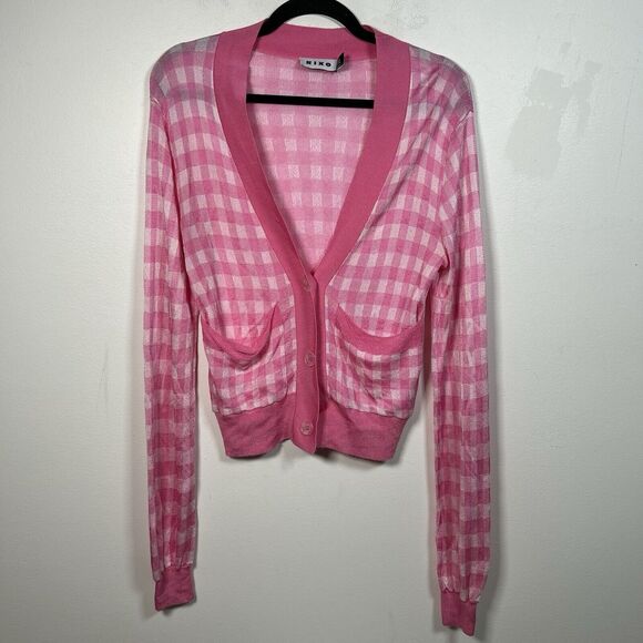 RIXO Cardigan Pink White Plaid Gingham V Neck Button Size XXS US 2 EU 34 - Picture 1 of 9